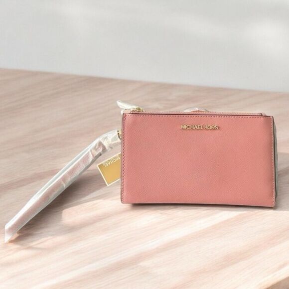 Michael Kors Pink Primrose Jersey Travel Large Double Zip Wristlet Leather - Picture 1 of 8
